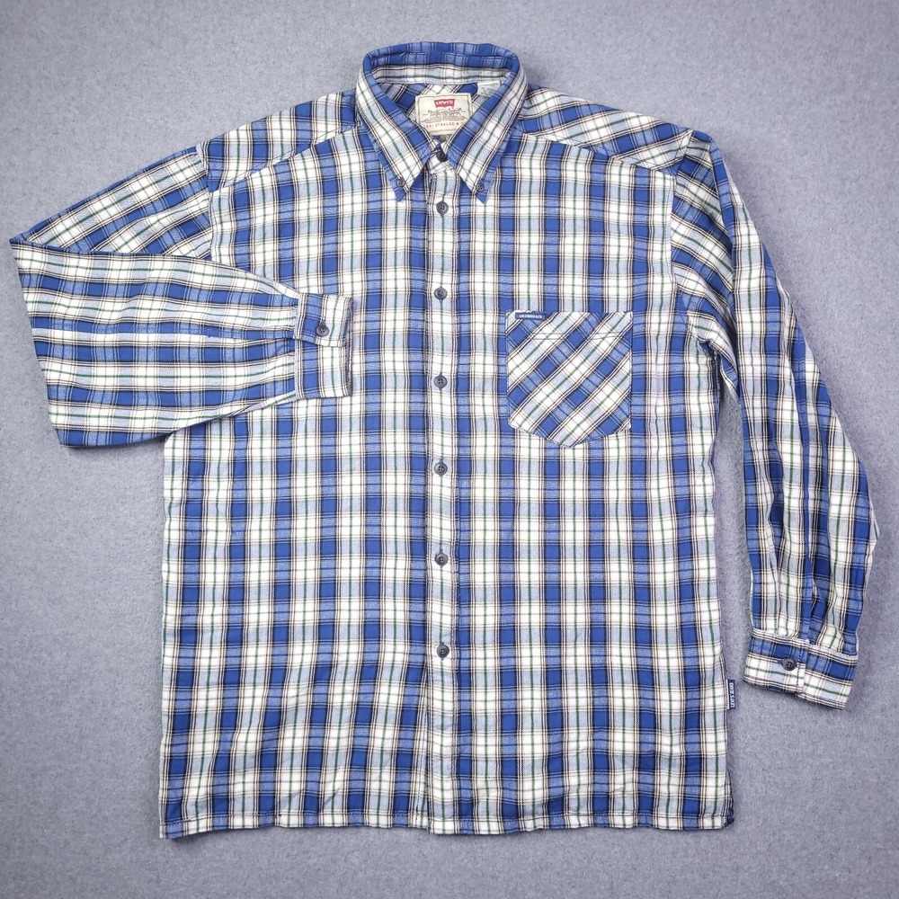 Levis Flannel Shirt Adult Large Blue Plaid Long Sleeve Button Up Mens